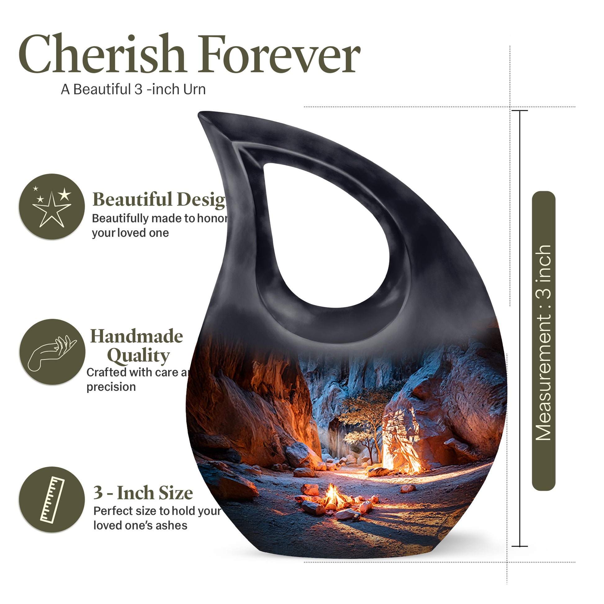 Dusty Blue Campfire Cremation Urn back view with polished surface - cross and campfire combined in spiritual memorial design - mini keepsake memorial for portion of cremation ashes