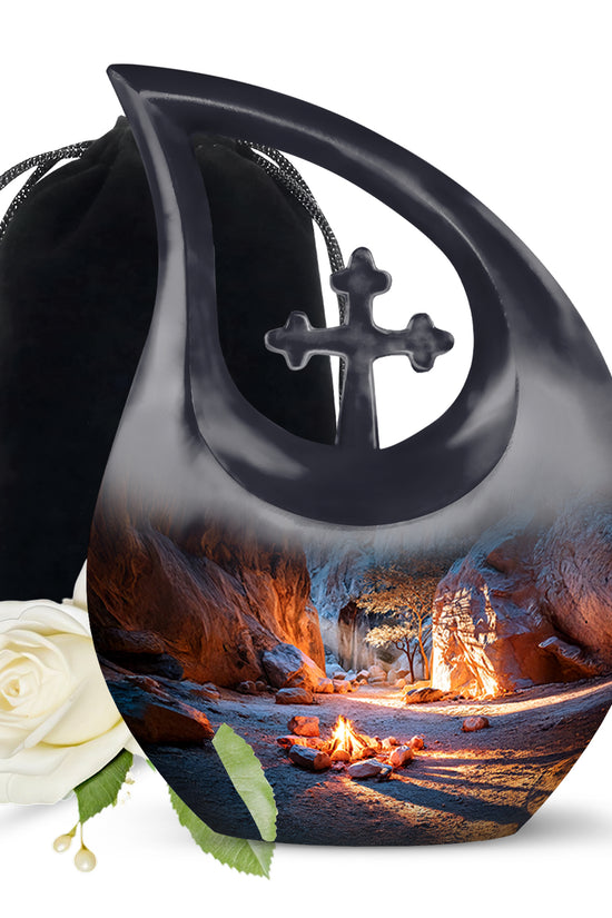 Navy Blue Campfire Cremation Urn top-down view of secure threaded lid - cross and campfire combined in spiritual memorial design - full-size 10 inch 200 cubic inch adult cremation urn