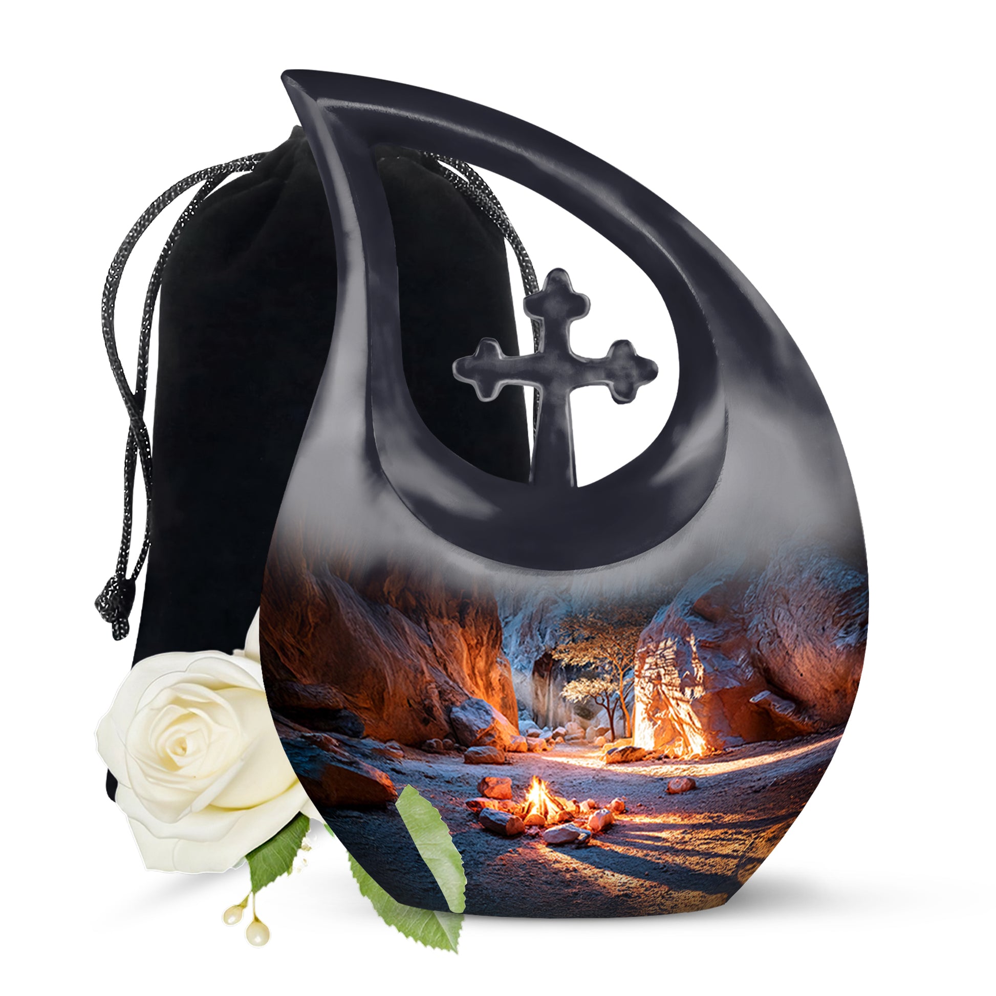 Navy Blue Campfire Cremation Urn top-down view of secure threaded lid - cross and campfire combined in spiritual memorial design - full-size 10 inch 200 cubic inch adult cremation urn