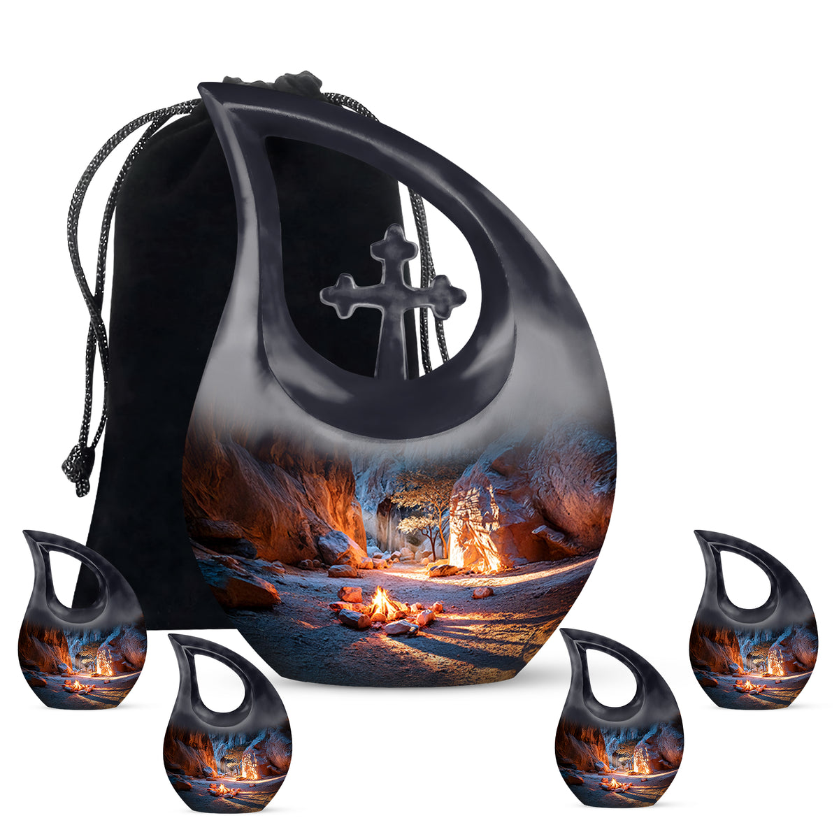 Dusty Blue Campfire Cremation Urn urn with complimentary velvet bag - cross and campfire combined in spiritual memorial design - memorial set with one large and four small urns