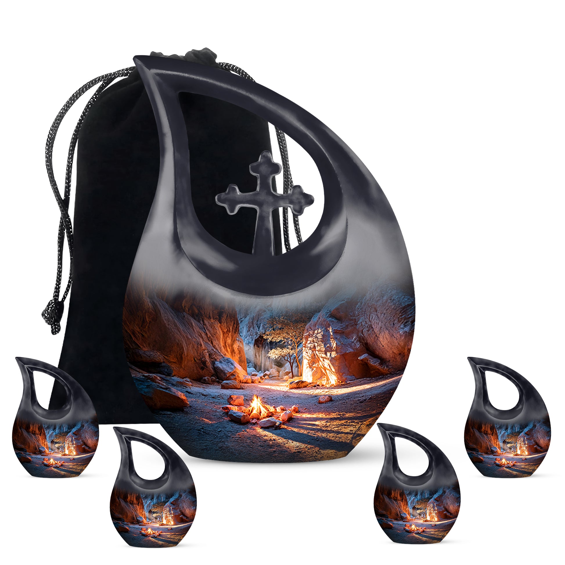 Dusty Blue Campfire Cremation Urn urn with complimentary velvet bag - cross and campfire combined in spiritual memorial design - memorial set with one large and four small urns