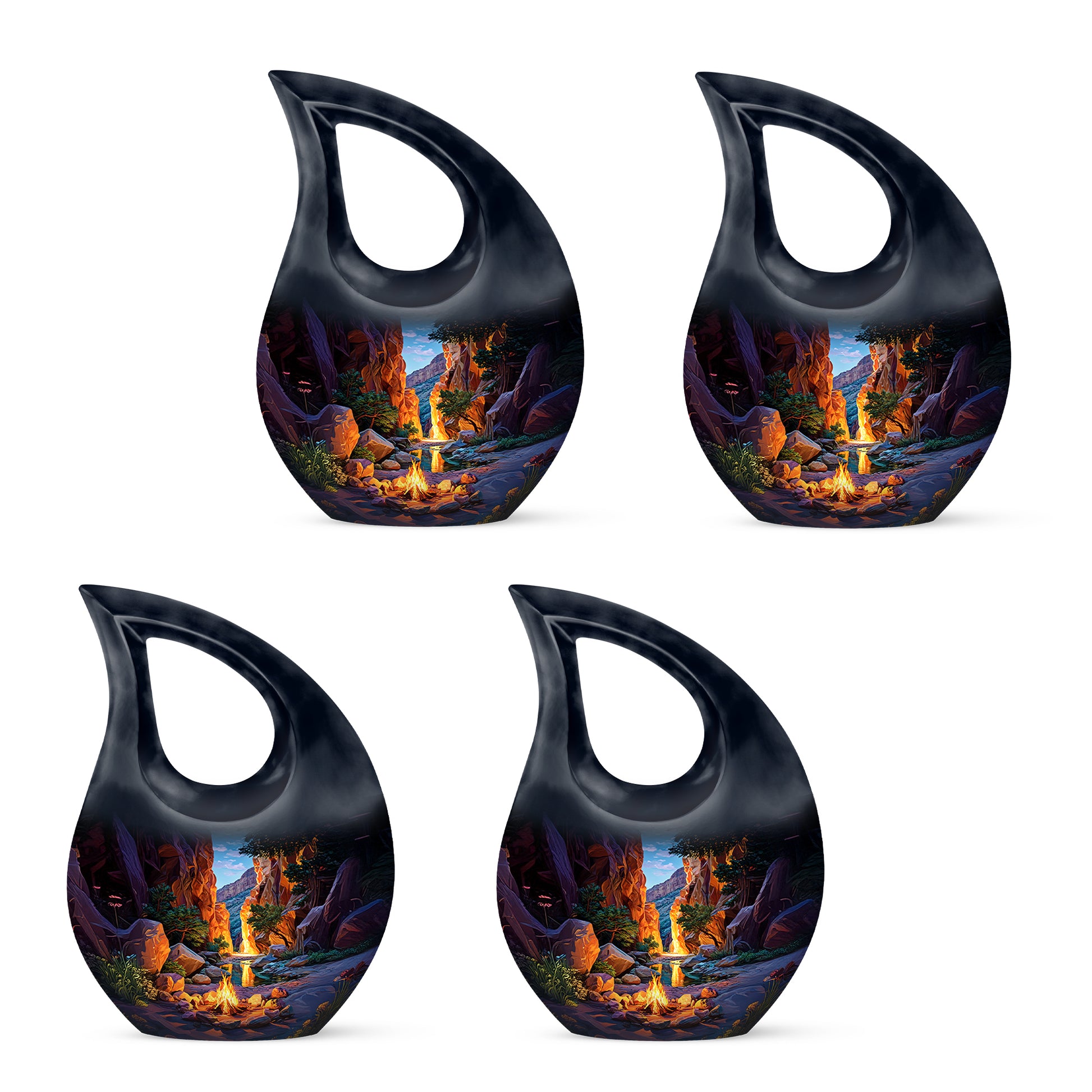 Misty Blue Campfire Cremation Urn lifestyle display on memorial shelf - sacred cross merged with campfire motif on metal - 10 inch aluminum urn for cremated remains