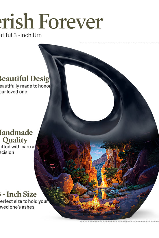 Slate Blue Campfire Cremation Urn back view with polished surface - sacred cross merged with campfire motif on metal - mini keepsake memorial for portion of cremation ashes