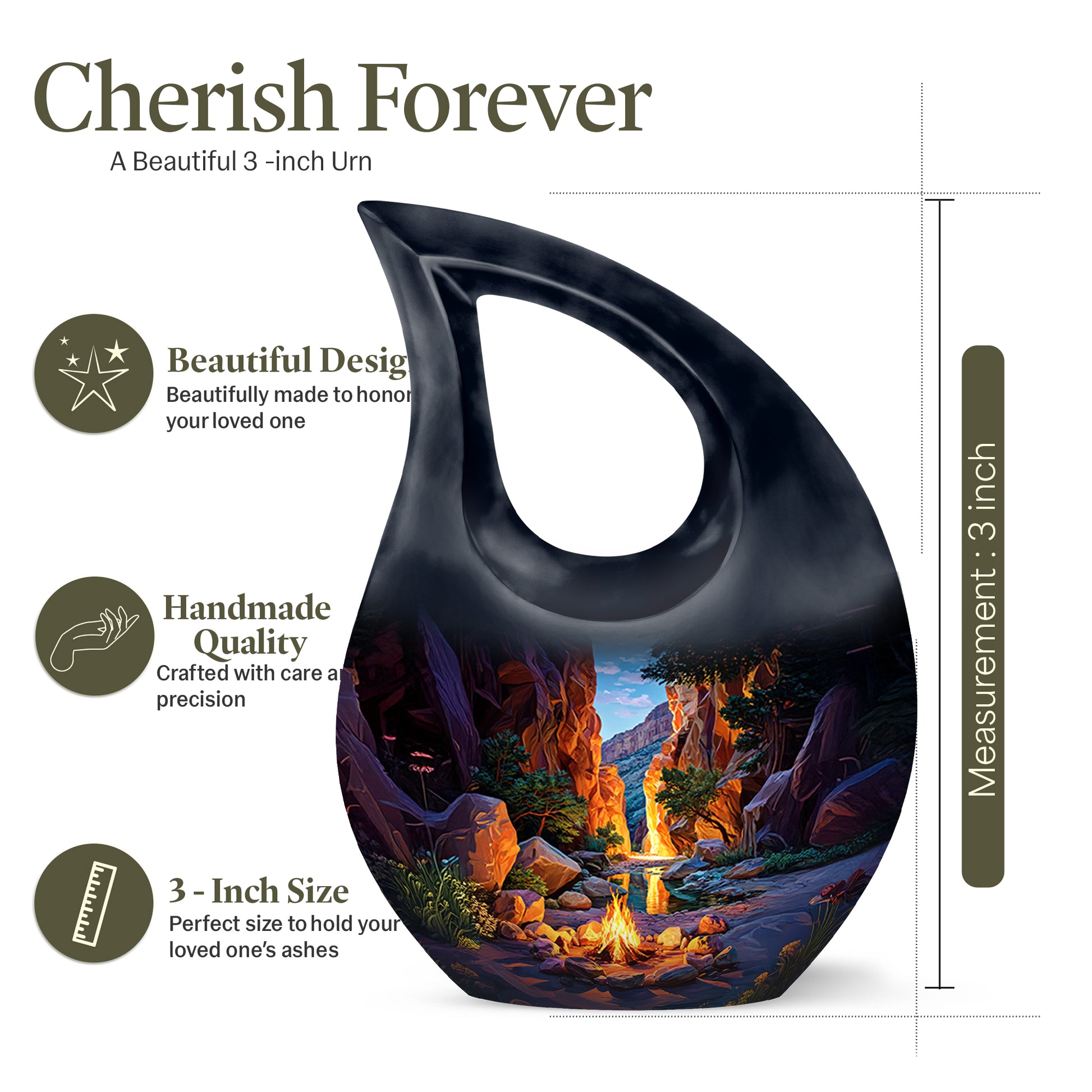 Slate Blue Campfire Cremation Urn back view with polished surface - sacred cross merged with campfire motif on metal - mini keepsake memorial for portion of cremation ashes