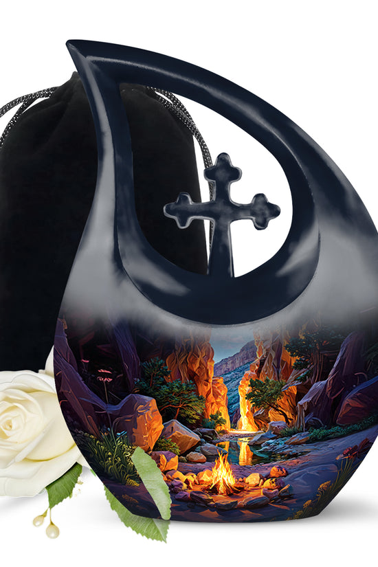 Steel Blue Campfire Cremation Urn top-down view of secure threaded lid - faith-inspired cross-drop urn with campfire pattern - full-size 10 inch 200 cubic inch adult cremation urn