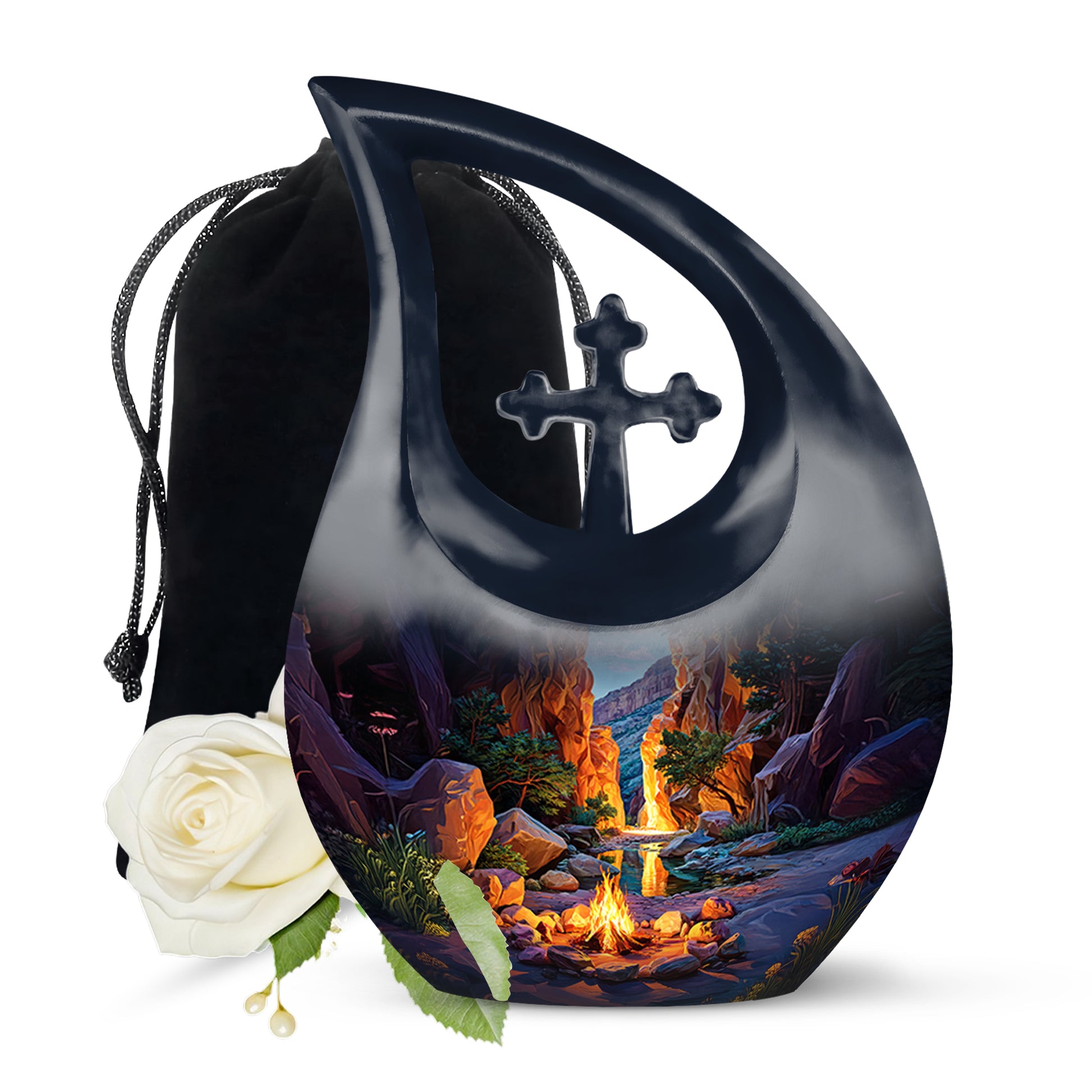 Steel Blue Campfire Cremation Urn top-down view of secure threaded lid - faith-inspired cross-drop urn with campfire pattern - full-size 10 inch 200 cubic inch adult cremation urn