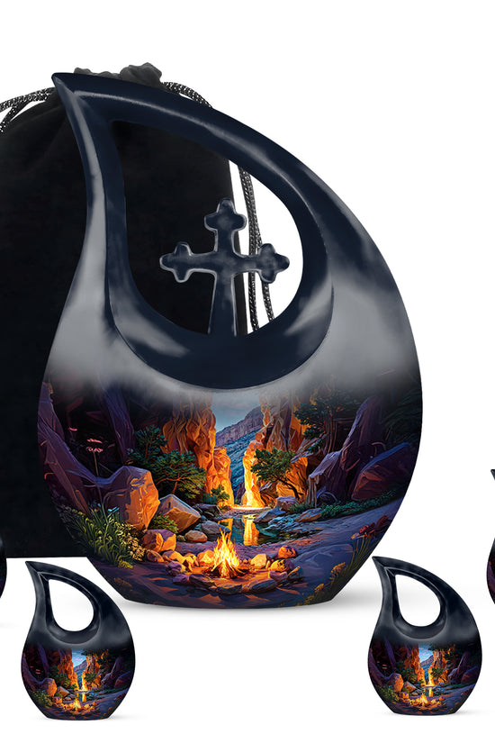 Sky Blue Campfire Cremation Urn urn with complimentary velvet bag - sacred cross merged with campfire motif on metal - memorial set with one large and four small urns