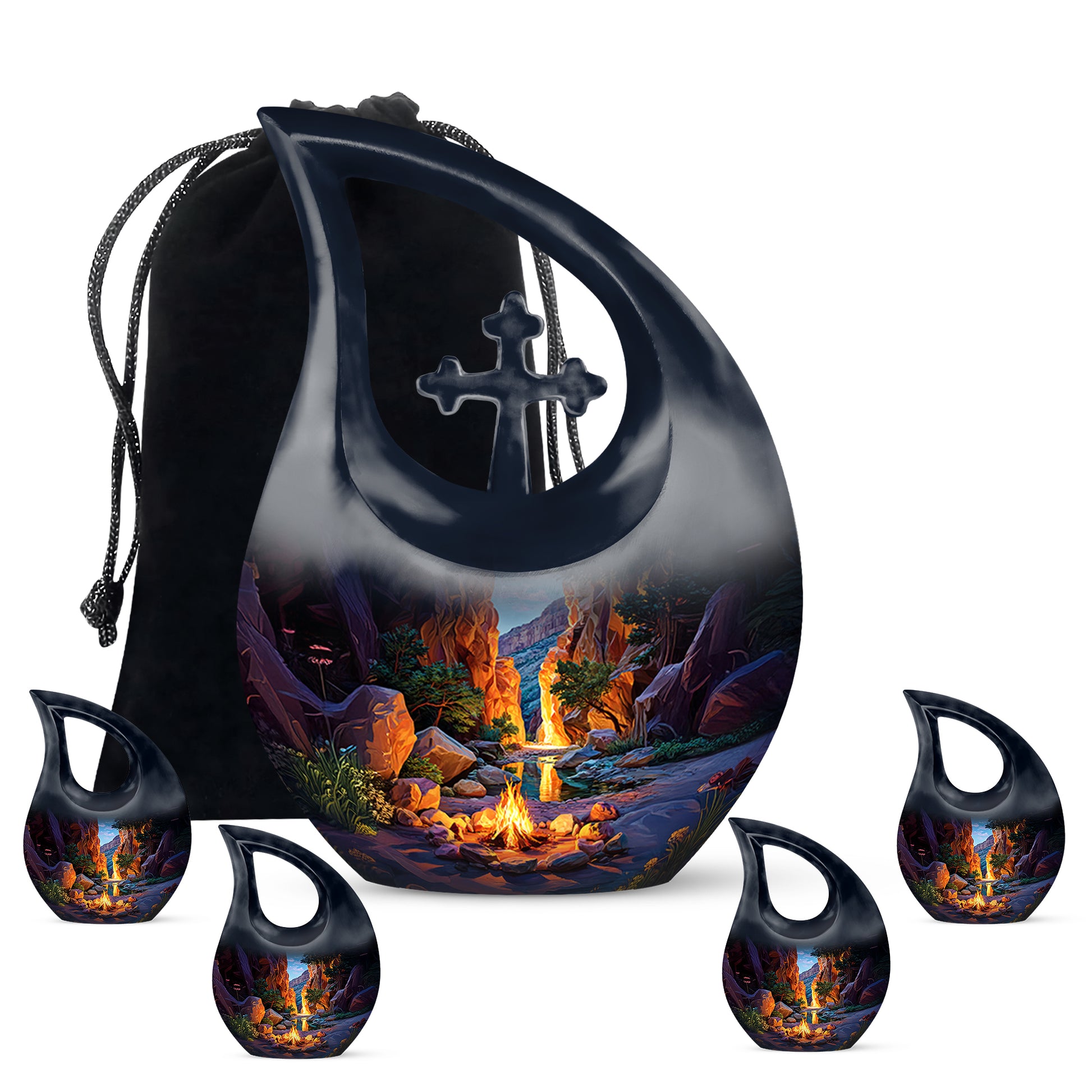 Sky Blue Campfire Cremation Urn urn with complimentary velvet bag - sacred cross merged with campfire motif on metal - memorial set with one large and four small urns