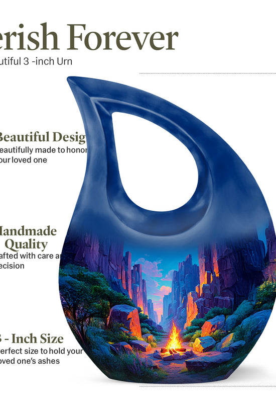 Royal Blue Campfire Cremation Urn back view with polished surface - faith-inspired cross-drop urn with campfire pattern - mini keepsake memorial for portion of cremation ashes