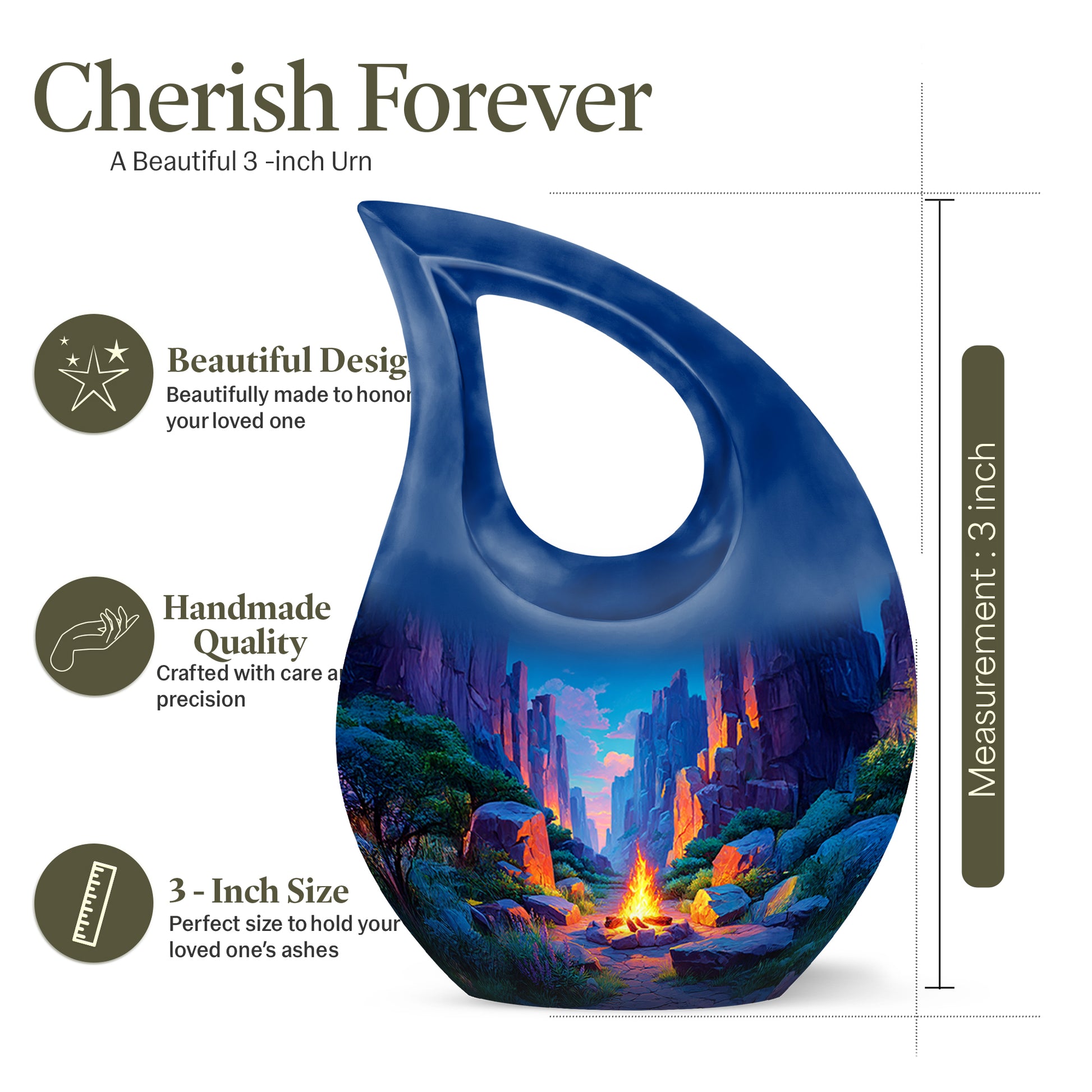 Royal Blue Campfire Cremation Urn back view with polished surface - faith-inspired cross-drop urn with campfire pattern - mini keepsake memorial for portion of cremation ashes
