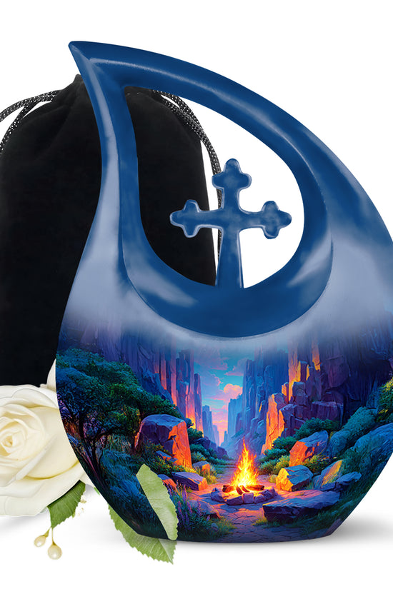 Powder Blue Campfire Cremation Urn top-down view of secure threaded lid - sacred cross merged with campfire motif on metal - full-size 10 inch 200 cubic inch adult cremation urn
