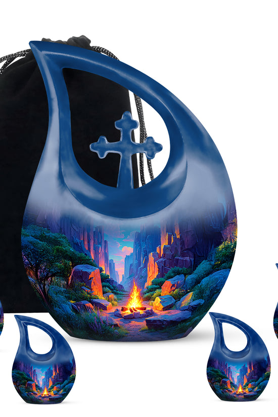 Bright Blue Campfire Cremation Urn urn with complimentary velvet bag - faith-inspired cross-drop urn with campfire pattern - memorial set with one large and four small urns