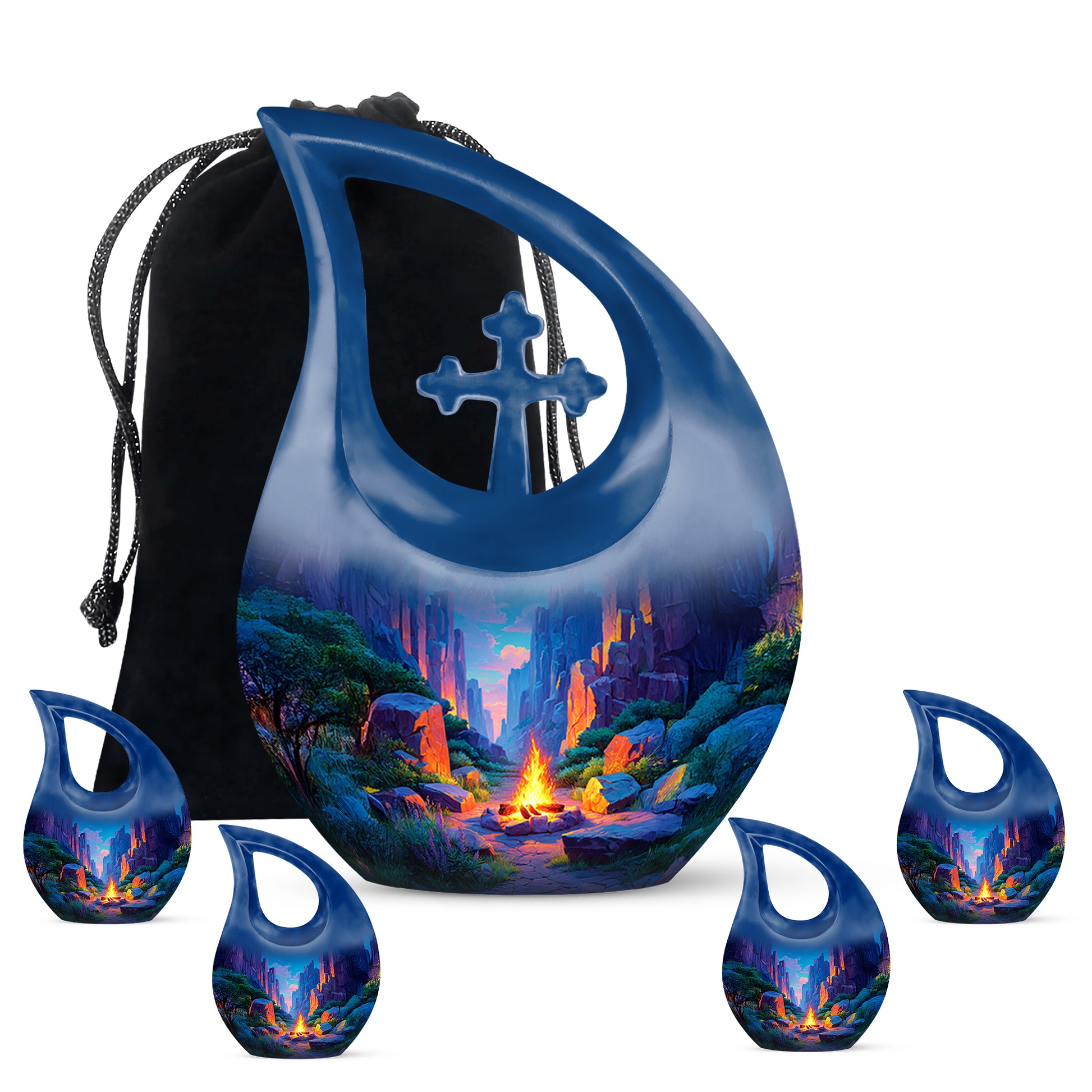 Bright Blue Campfire Cremation Urn urn with complimentary velvet bag - faith-inspired cross-drop urn with campfire pattern - memorial set with one large and four small urns