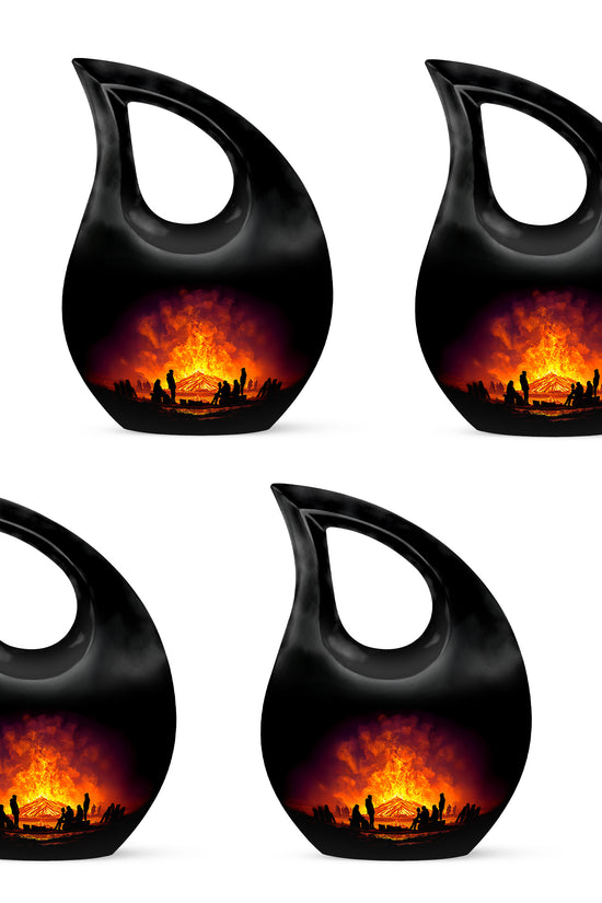 Dark Black Campfire Cremation Urn lifestyle display on memorial shelf - devotional cross-drop campfire engraving - 10 inch aluminum urn for cremated remains