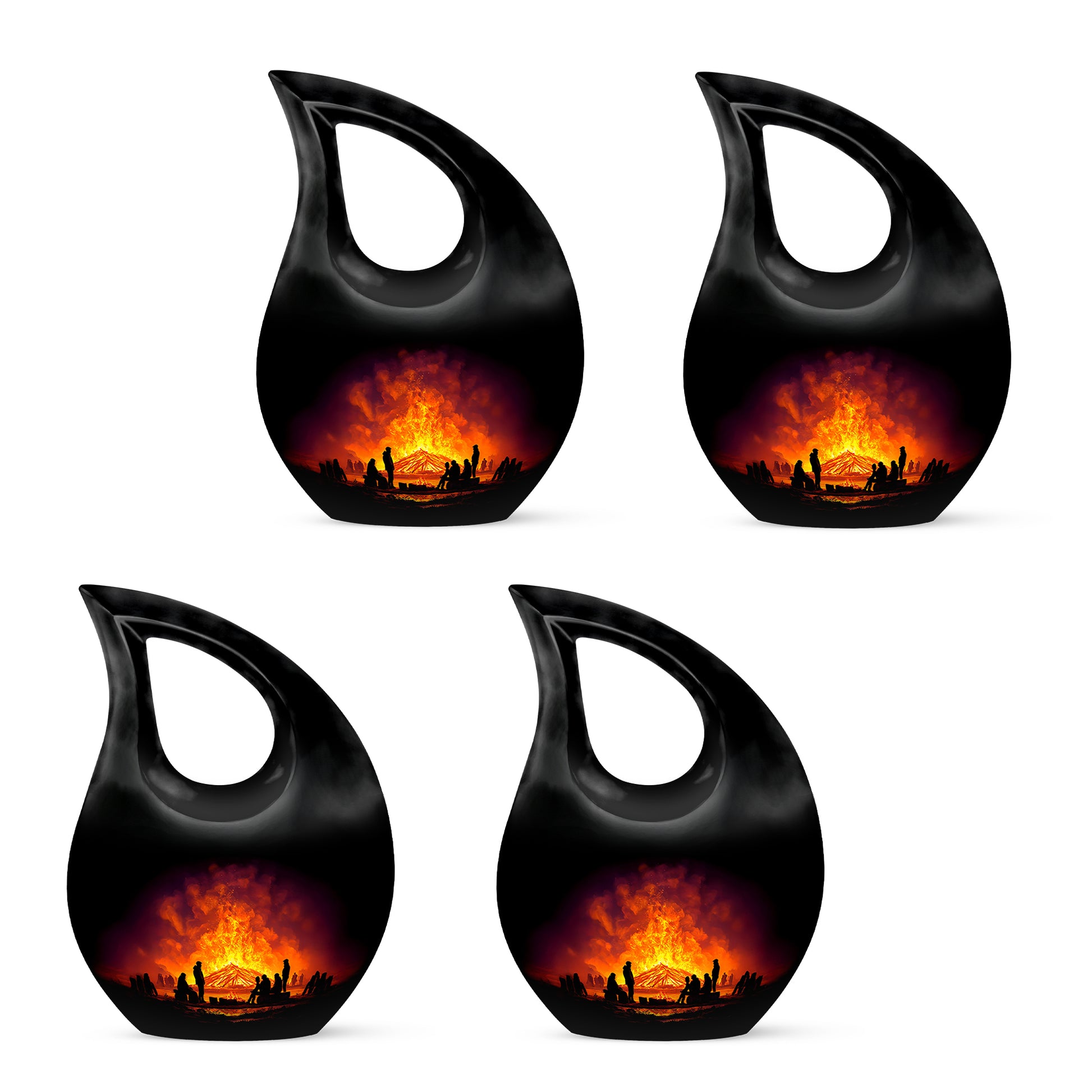 Dark Black Campfire Cremation Urn lifestyle display on memorial shelf - devotional cross-drop campfire engraving - 10 inch aluminum urn for cremated remains