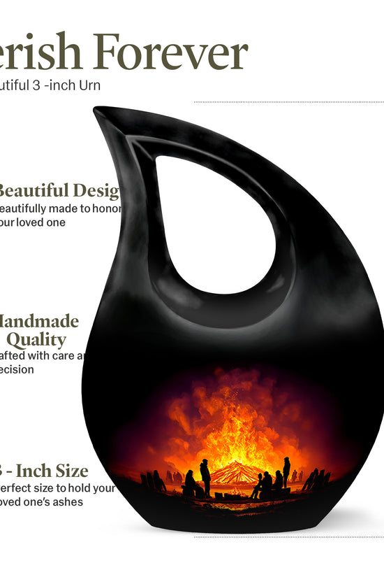 Jet Black Campfire Cremation Urn back view with polished surface - cross and campfire combined in spiritual memorial design - mini keepsake memorial for portion of cremation ashes
