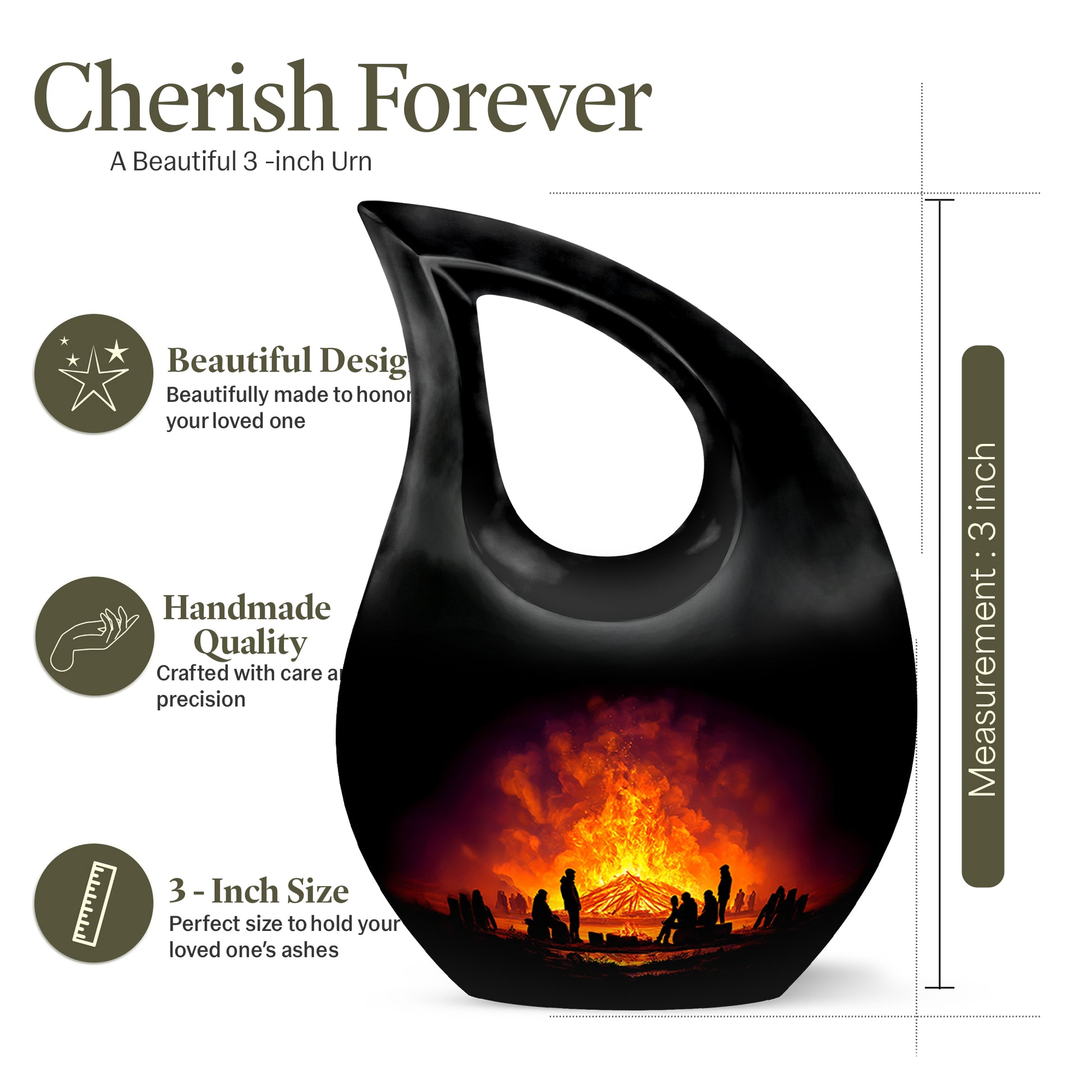 Jet Black Campfire Cremation Urn back view with polished surface - cross and campfire combined in spiritual memorial design - mini keepsake memorial for portion of cremation ashes