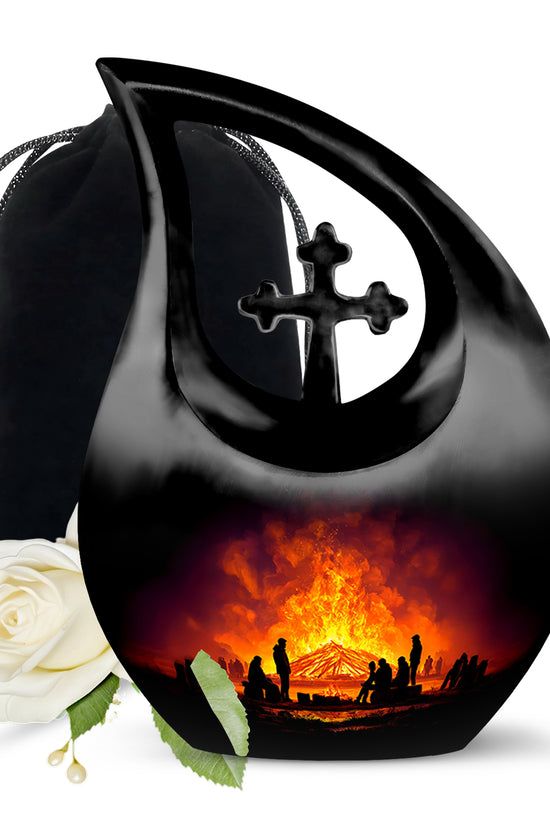 Deep Black Campfire Cremation Urn top-down view of secure threaded lid - sacred cross merged with campfire motif on metal - full-size 10 inch 200 cubic inch adult cremation urn