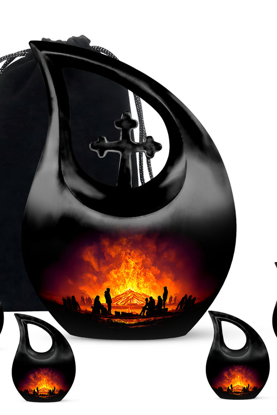 Jet Black Campfire Cremation Urn urn with complimentary velvet bag - cross and campfire combined in spiritual memorial design - memorial set with one large and four small urns