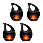 Jet Black Campfire Cremation Urn lifestyle display on memorial shelf - cross and campfire combined in spiritual memorial design - 10 inch aluminum urn for cremated remains