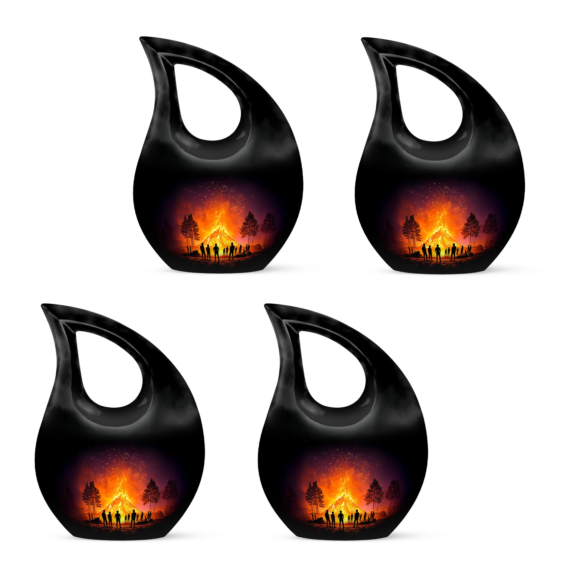 Jet Black Campfire Cremation Urn lifestyle display on memorial shelf - cross and campfire combined in spiritual memorial design - 10 inch aluminum urn for cremated remains