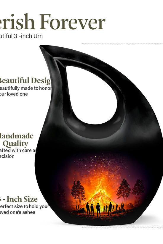 Dark Black Campfire Cremation Urn back view with polished surface - devotional cross-drop campfire engraving - mini keepsake memorial for portion of cremation ashes