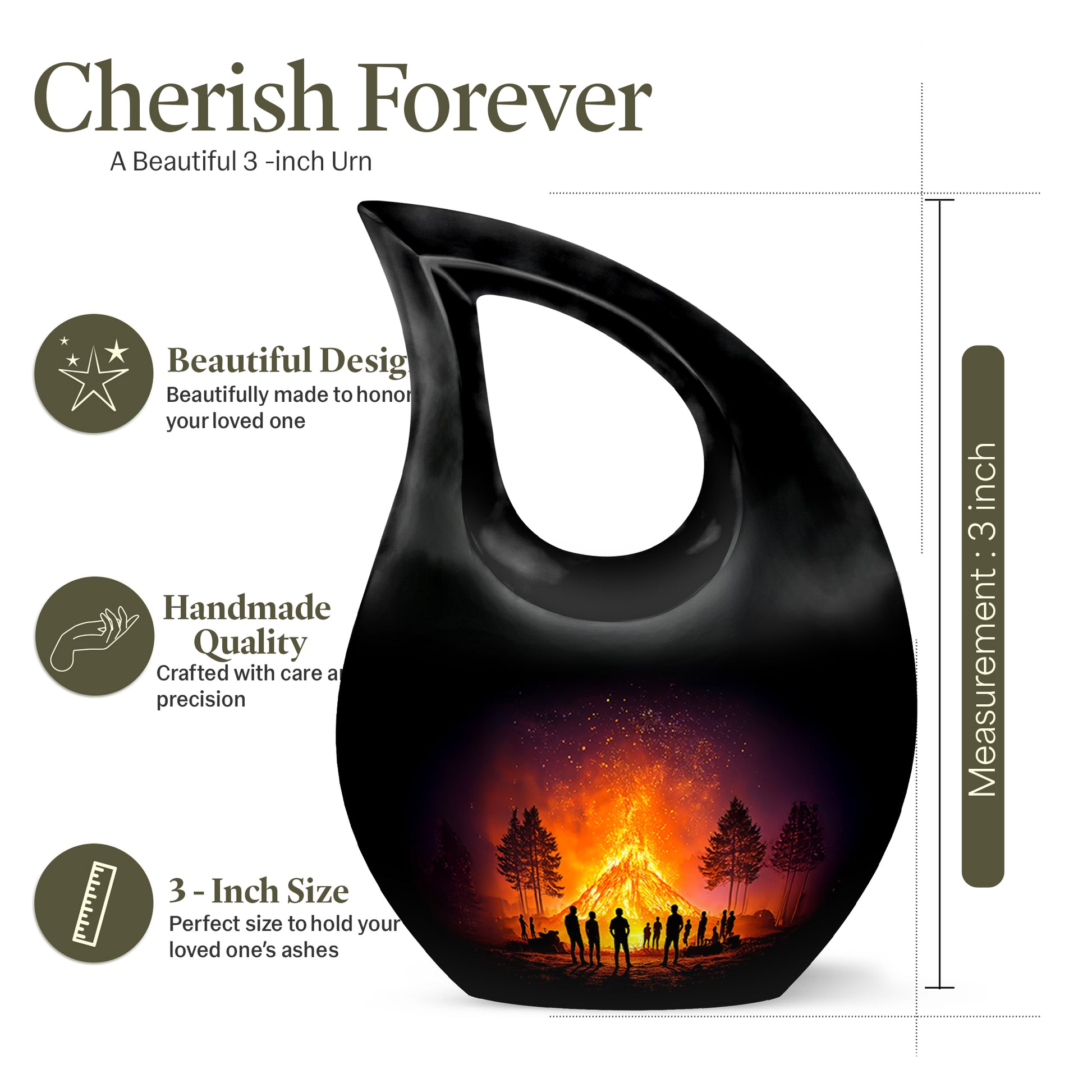 Dark Black Campfire Cremation Urn back view with polished surface - devotional cross-drop campfire engraving - mini keepsake memorial for portion of cremation ashes