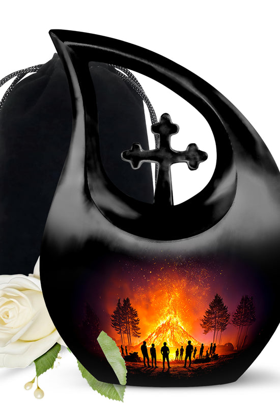Onyx Black Campfire Cremation Urn top-down view of secure threaded lid - faith-inspired cross-drop urn with campfire pattern - full-size 10 inch 200 cubic inch adult cremation urn