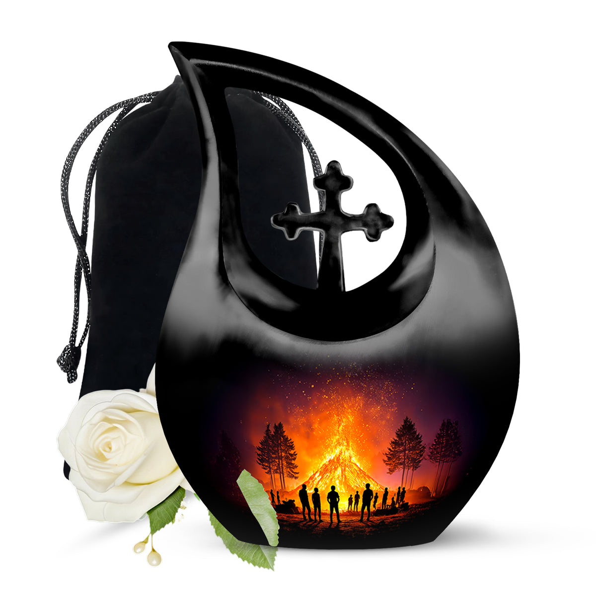 Onyx Black Campfire Cremation Urn top-down view of secure threaded lid - faith-inspired cross-drop urn with campfire pattern - full-size 10 inch 200 cubic inch adult cremation urn