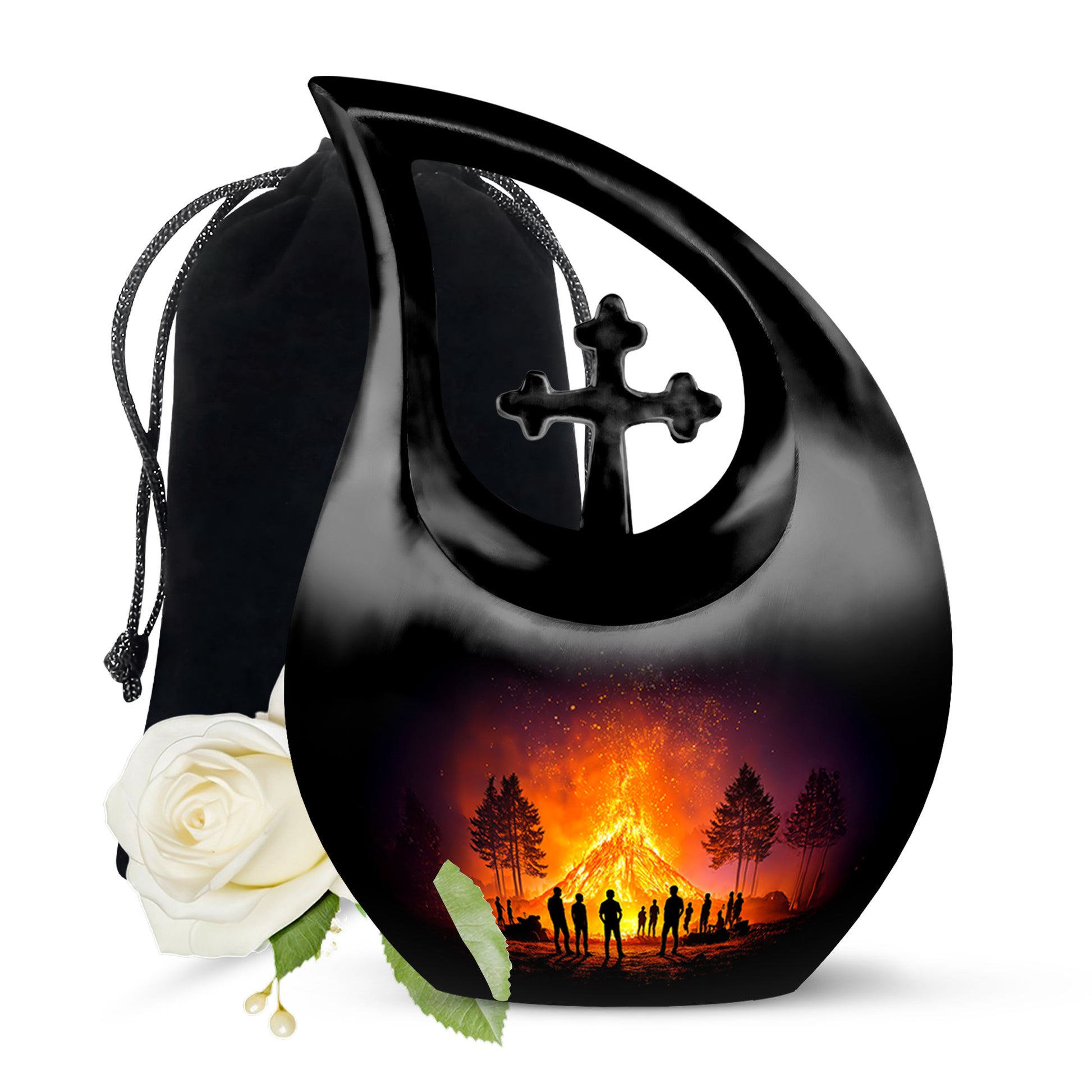 Onyx Black Campfire Cremation Urn top-down view of secure threaded lid - faith-inspired cross-drop urn with campfire pattern - full-size 10 inch 200 cubic inch adult cremation urn