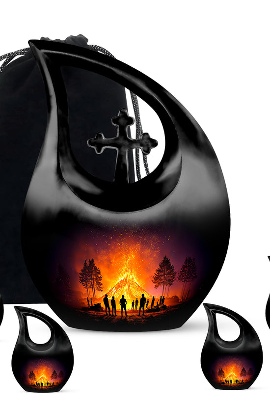 Jet Black Campfire Cremation Urn urn with complimentary velvet bag - cross and campfire combined in spiritual memorial design - memorial set with one large and four small urns