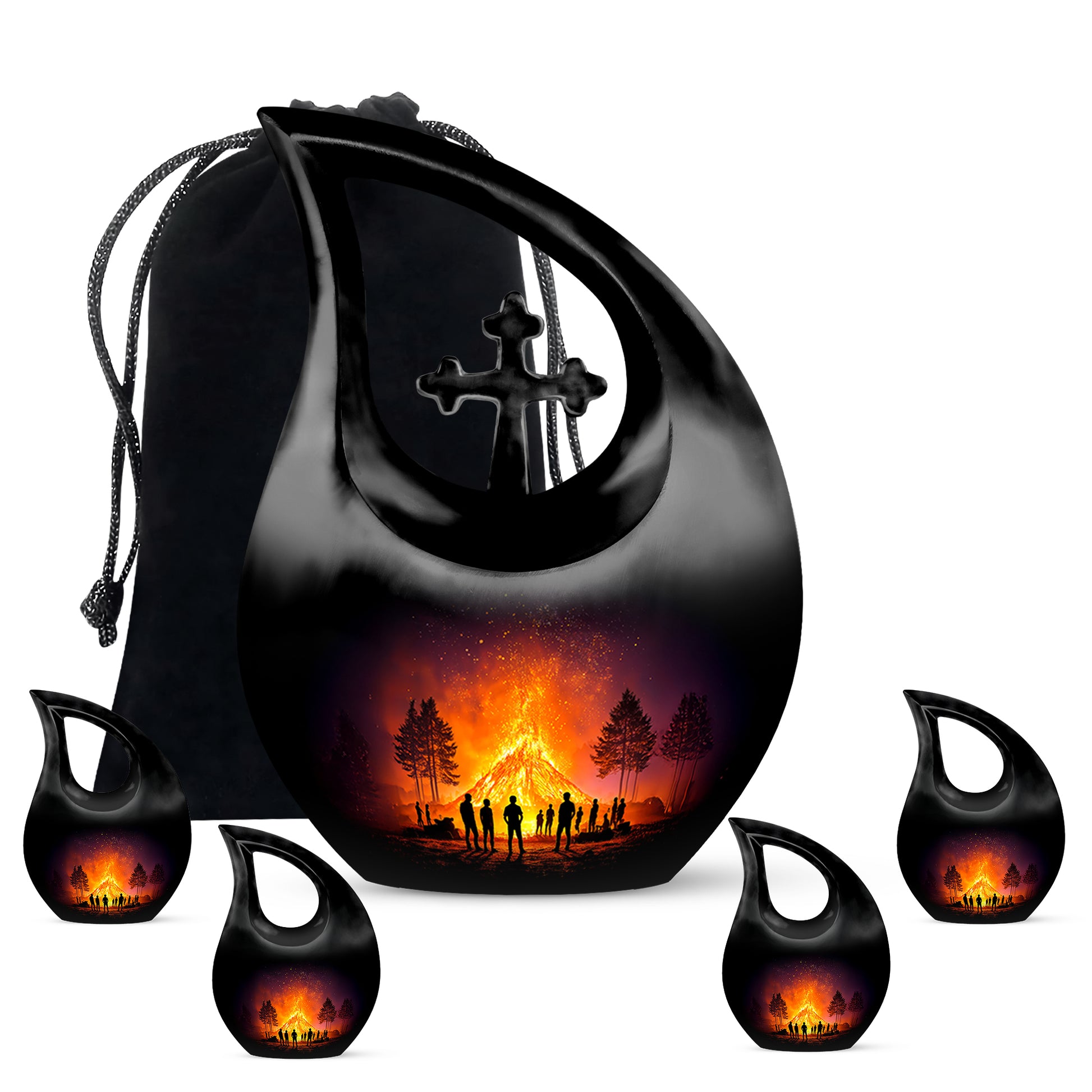 Jet Black Campfire Cremation Urn urn with complimentary velvet bag - cross and campfire combined in spiritual memorial design - memorial set with one large and four small urns
