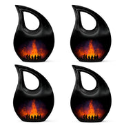 Midnight Black Campfire Cremation Urn lifestyle display on memorial shelf - faith-inspired cross-drop urn with campfire pattern - 10 inch aluminum urn for cremated remains