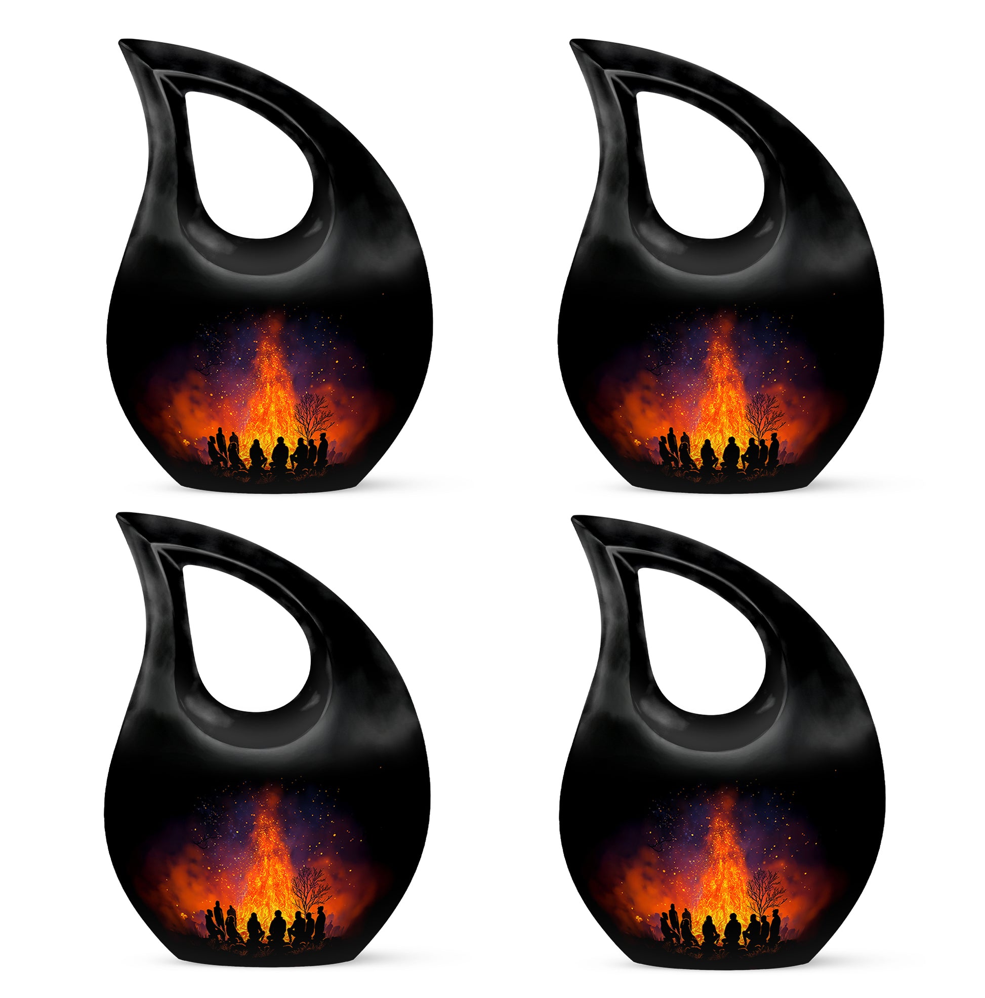 Midnight Black Campfire Cremation Urn lifestyle display on memorial shelf - faith-inspired cross-drop urn with campfire pattern - 10 inch aluminum urn for cremated remains