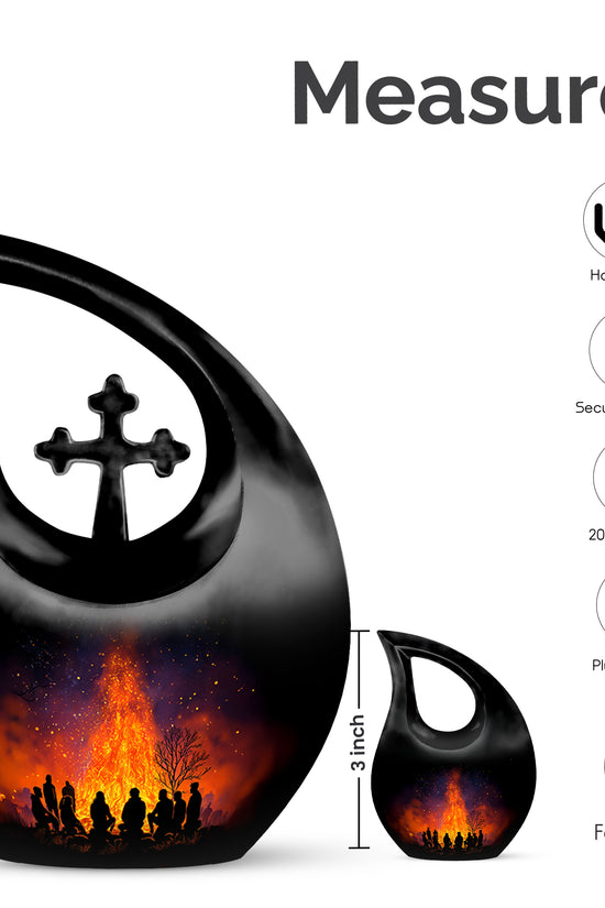 Ebony Campfire Cremation Urn back view with polished surface - sacred cross merged with campfire motif on metal - mini keepsake memorial for portion of cremation ashes