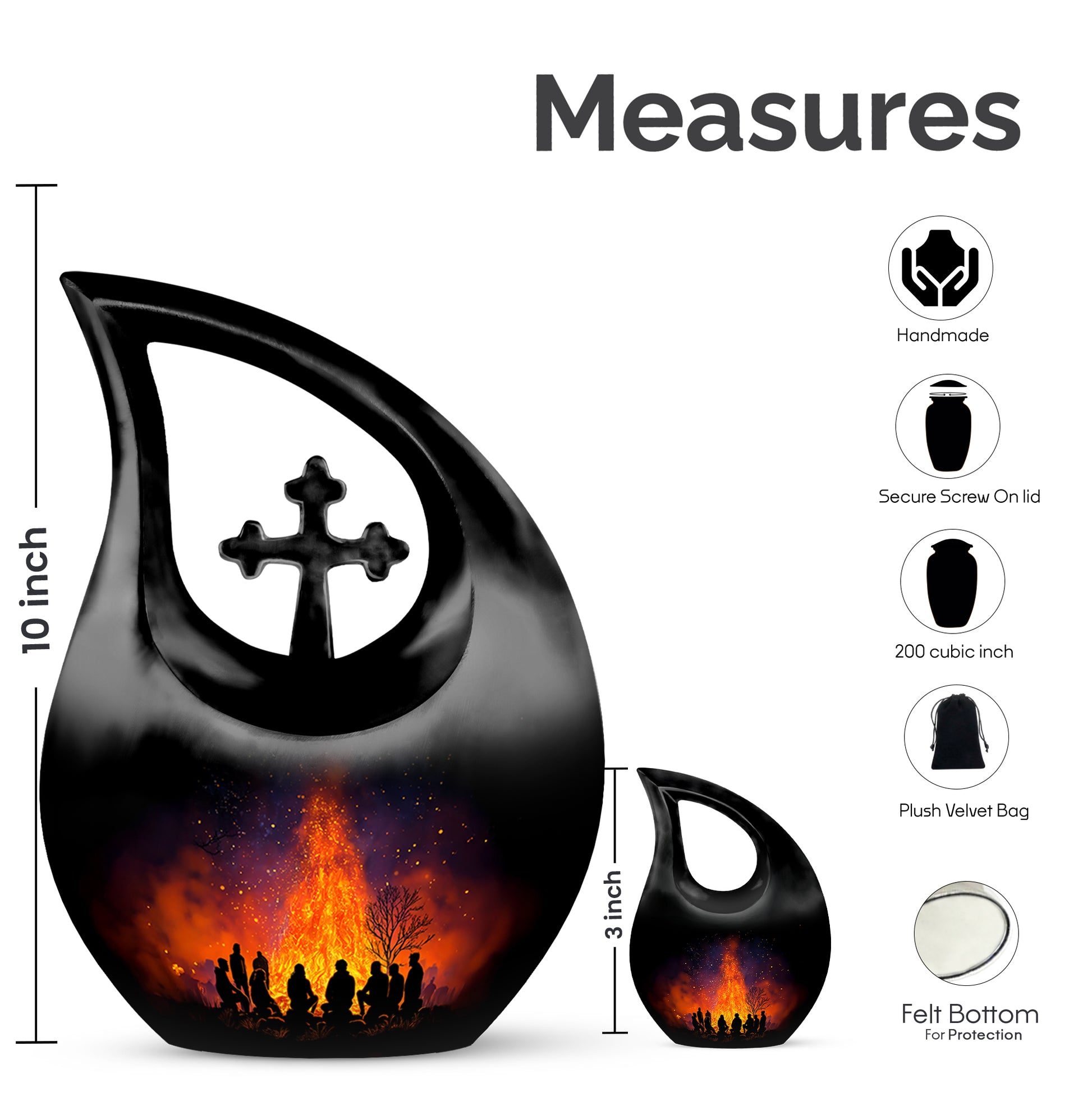 Ebony Campfire Cremation Urn back view with polished surface - sacred cross merged with campfire motif on metal - mini keepsake memorial for portion of cremation ashes