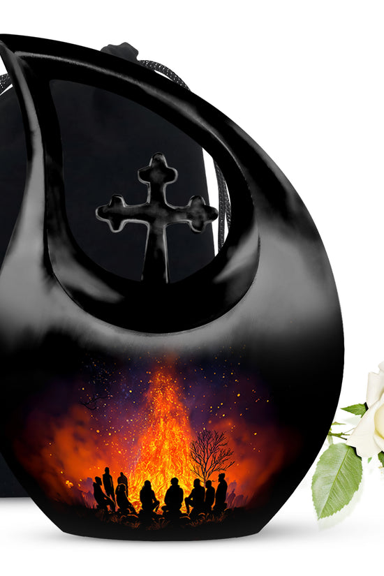Ebony Campfire Cremation Urn top-down view of secure threaded lid - sacred cross merged with campfire motif on metal - full-size 10 inch 200 cubic inch adult cremation urn