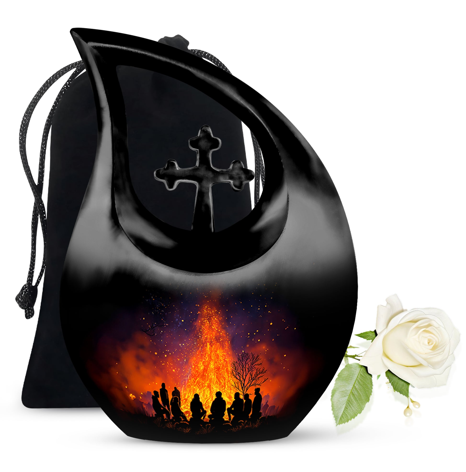 Ebony Campfire Cremation Urn top-down view of secure threaded lid - sacred cross merged with campfire motif on metal - full-size 10 inch 200 cubic inch adult cremation urn