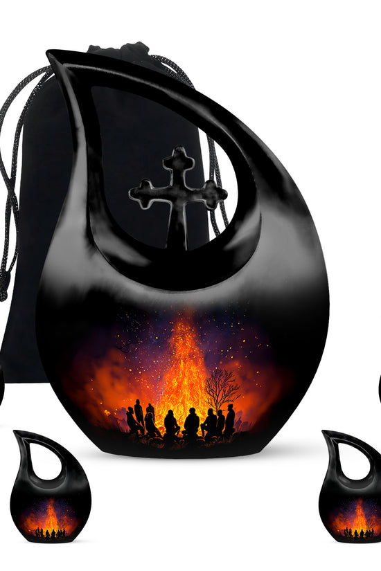 Jet Black Campfire Cremation Urn urn with complimentary velvet bag - cross and campfire combined in spiritual memorial design - memorial set with one large and four small urns