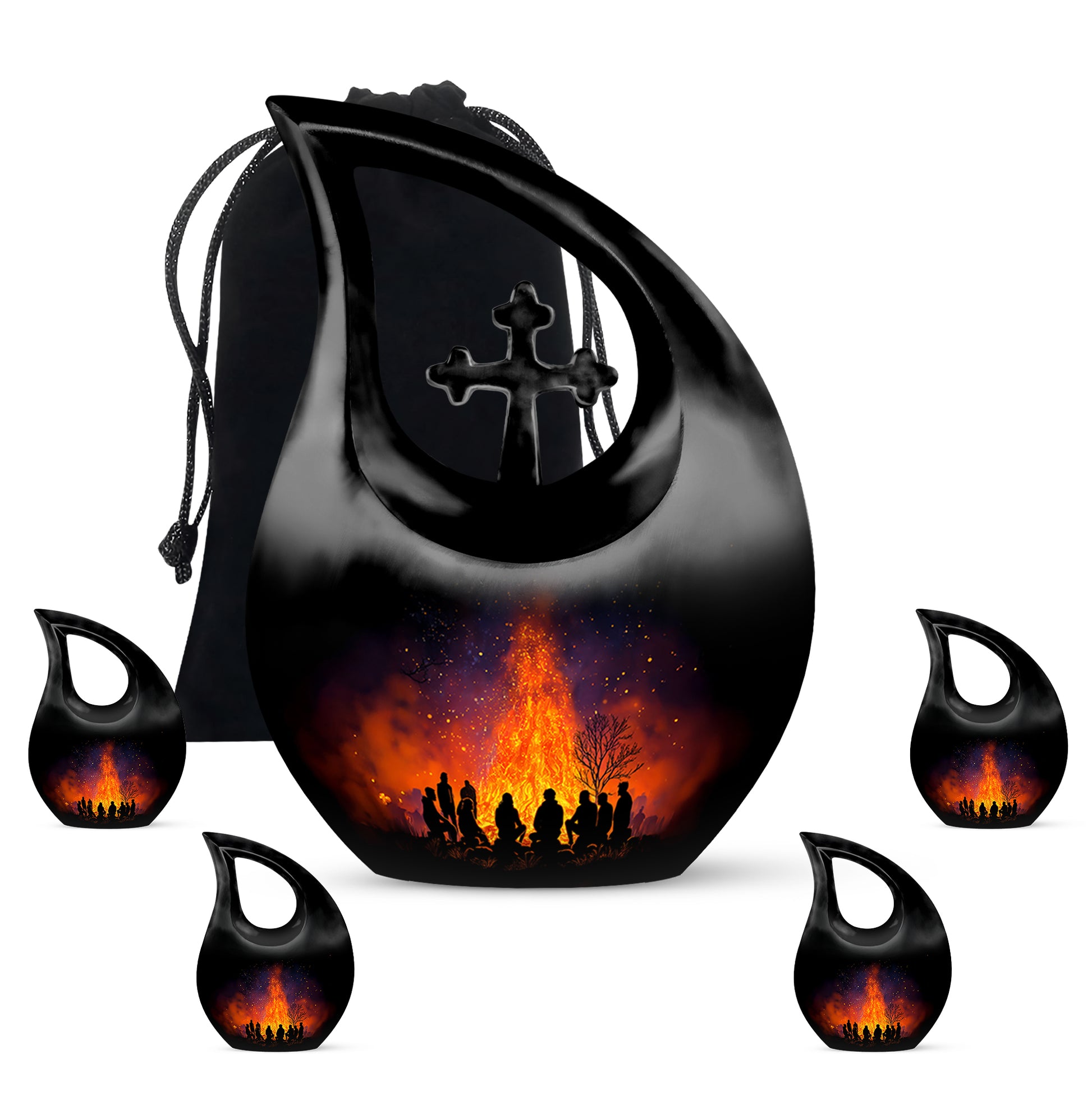 Jet Black Campfire Cremation Urn urn with complimentary velvet bag - cross and campfire combined in spiritual memorial design - memorial set with one large and four small urns