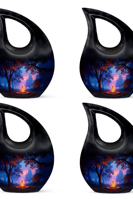Ebony Campfire Cremation Urn lifestyle display on memorial shelf - sacred cross merged with campfire motif on metal - 10 inch aluminum urn for cremated remains