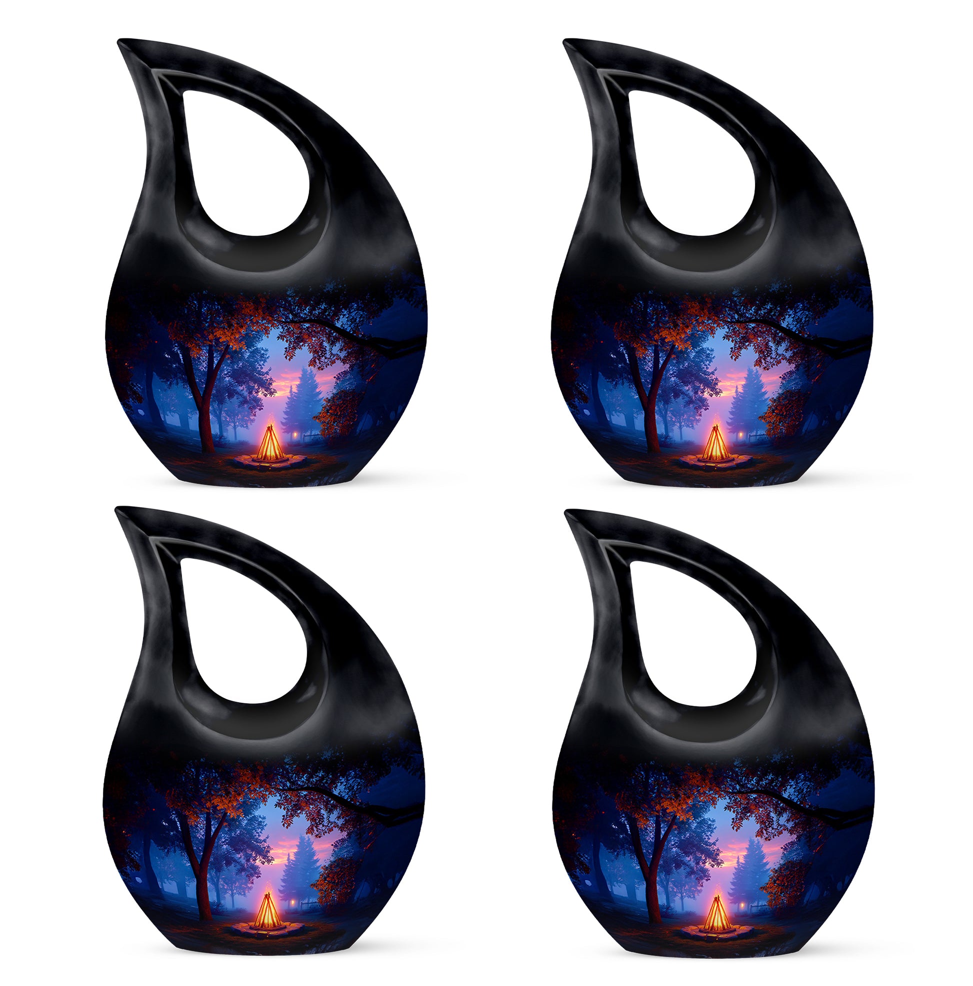 Ebony Campfire Cremation Urn lifestyle display on memorial shelf - sacred cross merged with campfire motif on metal - 10 inch aluminum urn for cremated remains