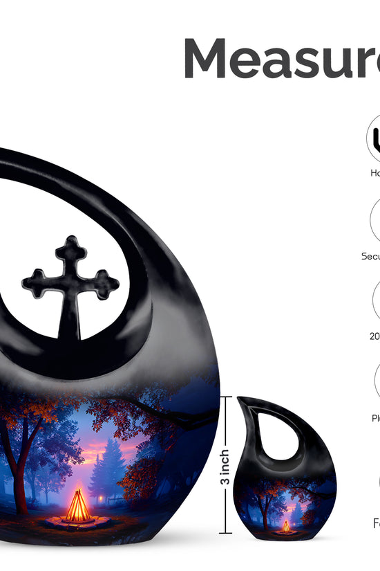 Rich Black Campfire Cremation Urn back view with polished surface - cross and campfire combined in spiritual memorial design - mini keepsake memorial for portion of cremation ashes