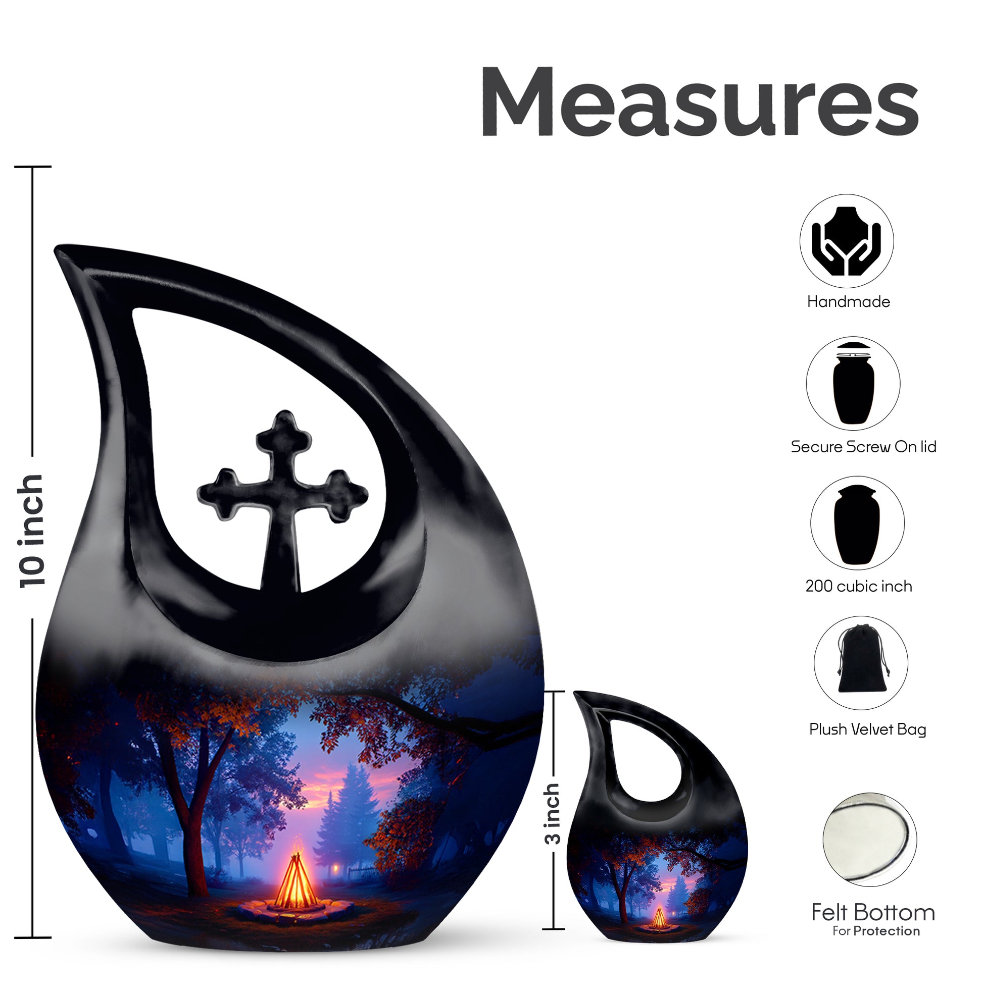 Rich Black Campfire Cremation Urn back view with polished surface - cross and campfire combined in spiritual memorial design - mini keepsake memorial for portion of cremation ashes