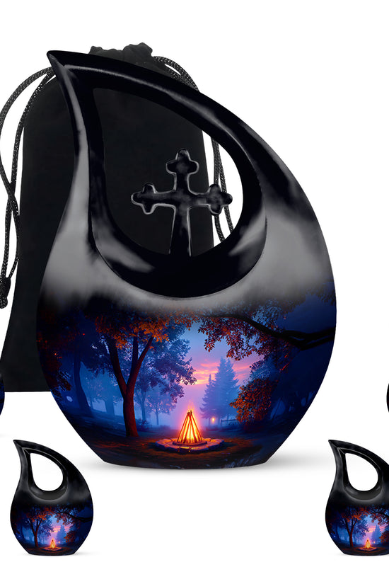 Obsidian Black Campfire Cremation Urn urn with complimentary velvet bag - faith-inspired cross-drop urn with campfire pattern - memorial set with one large and four small urns