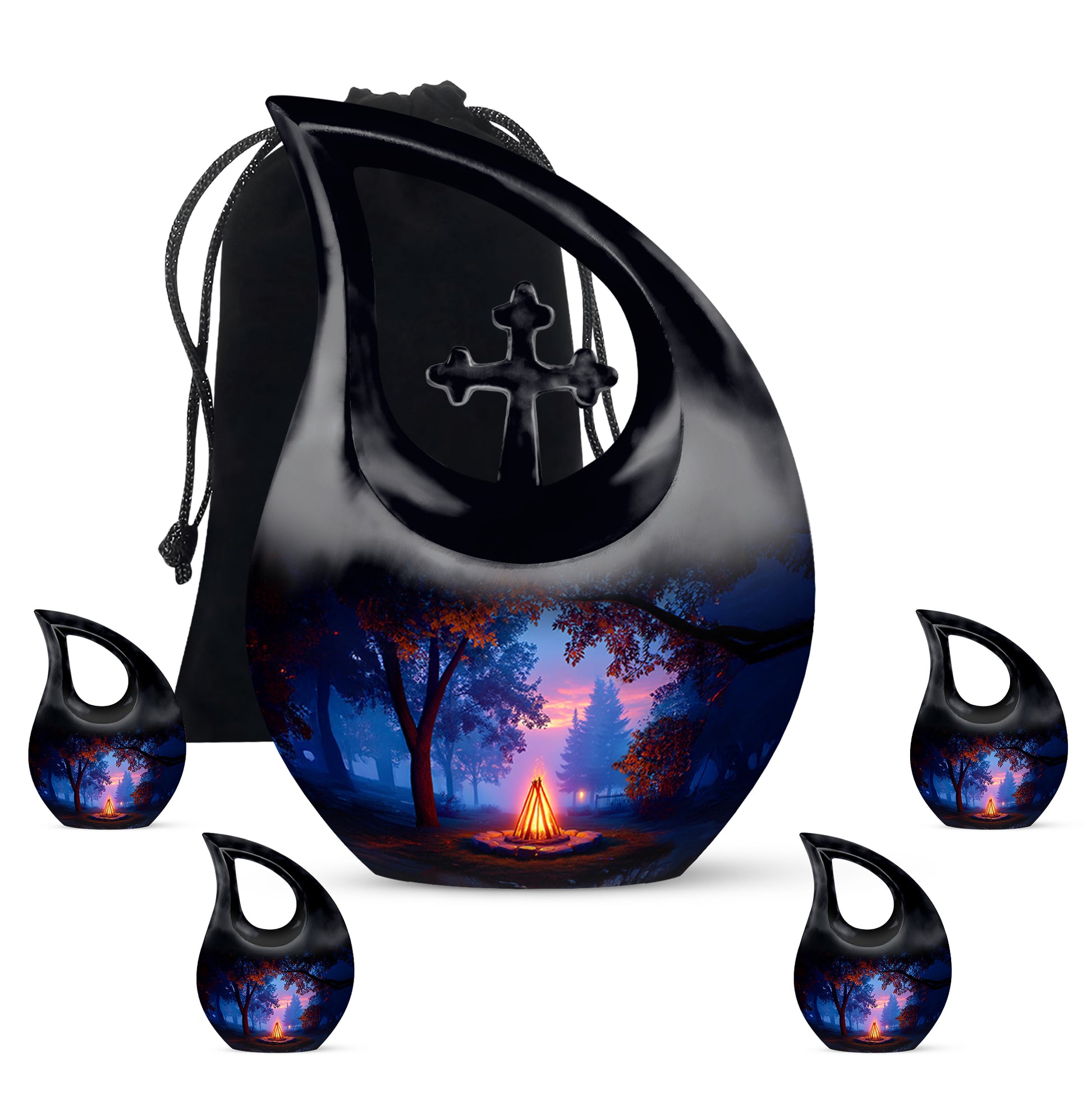 Obsidian Black Campfire Cremation Urn urn with complimentary velvet bag - faith-inspired cross-drop urn with campfire pattern - memorial set with one large and four small urns