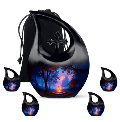 Obsidian Black Campfire Cremation Urn urn with complimentary velvet bag - faith-inspired cross-drop urn with campfire pattern - memorial set with one large and four small urns