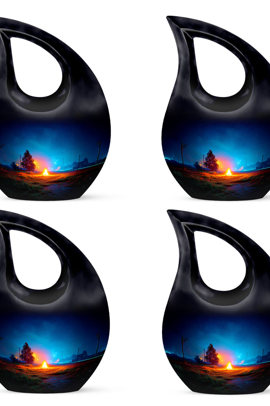 Calming Blue Campfire Cremation Urn lifestyle display on memorial shelf - devotional cross-drop campfire engraving - 10 inch aluminum urn for cremated remains