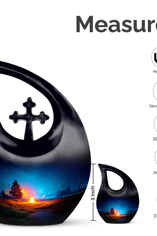 Vivid Blue Campfire Cremation Urn back view with polished surface - faith-inspired cross-drop urn with campfire pattern - mini keepsake memorial for portion of cremation ashes