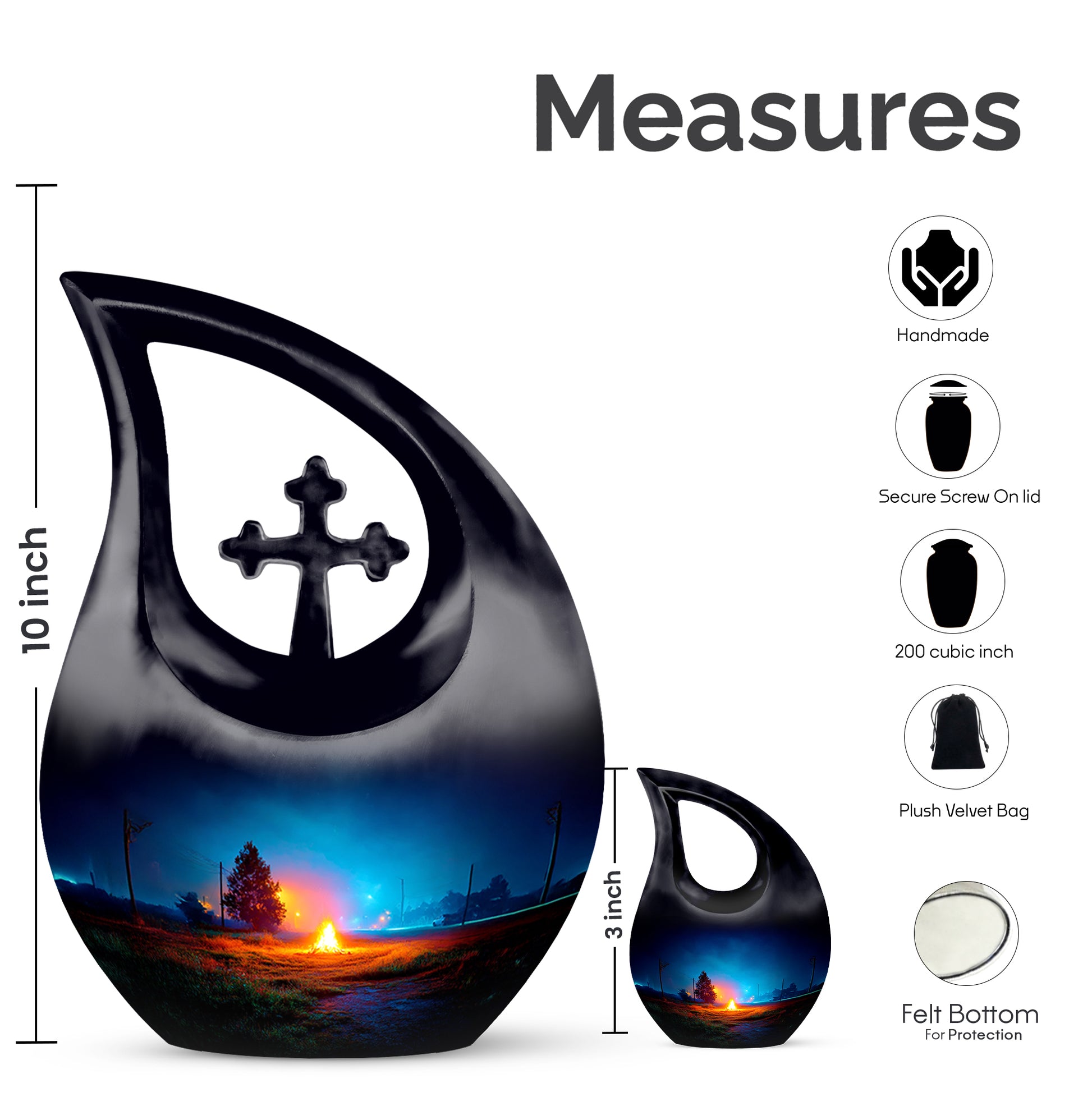 Vivid Blue Campfire Cremation Urn back view with polished surface - faith-inspired cross-drop urn with campfire pattern - mini keepsake memorial for portion of cremation ashes